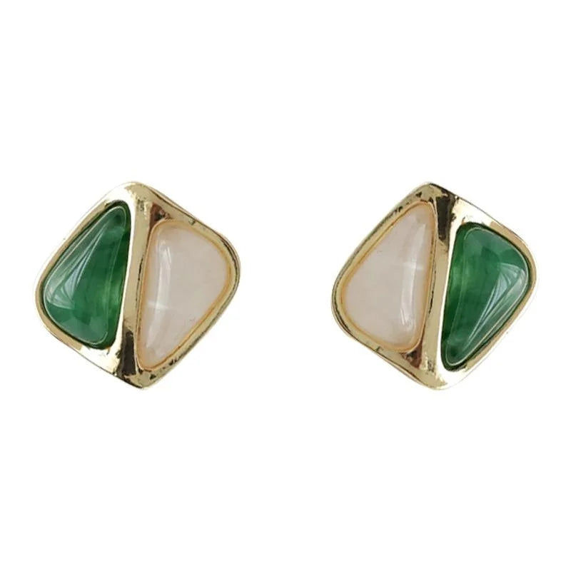 French Vintage Two-Tone Green Geometric Square Copper Stud Earrings For Women