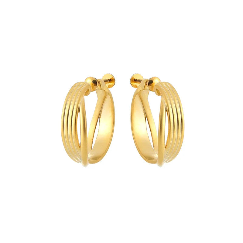Elegant Luxury Matte Gold Alloy Crossed C-Shaped Ribbed Hoop Stud & Clip On No Piercing Earrings