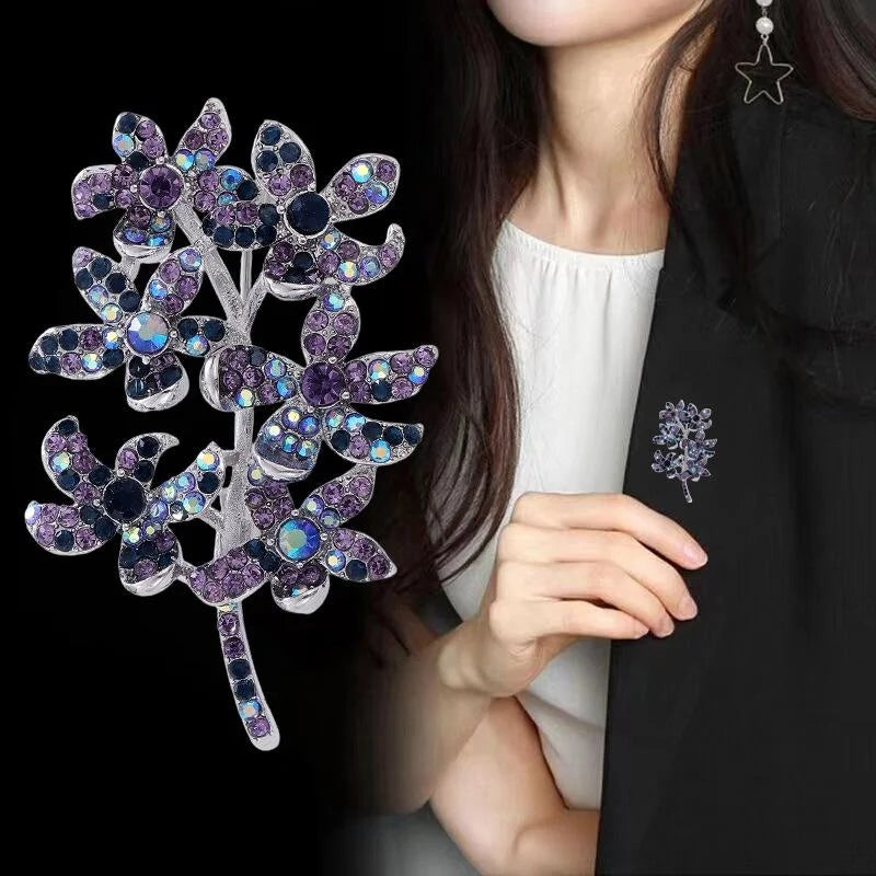 Elegant Rhinestone Six Flower Branch Brooch With Green Zircon Centers, Fresh Floral Lapel Pin Suit Accessory
