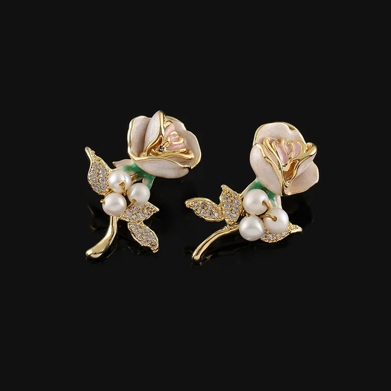 Vintage Elegant Luxury Enamel Rose Flower Pearl Rhinestone Stud & Clip On No Piercing Earrings