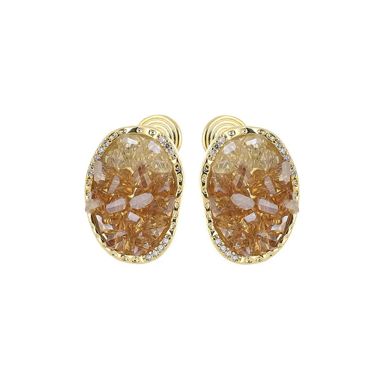 Elegant Oval Geometric Crystal Zircon Gold Tone Stud & Clip On No Piercing Luxury Women's Earrings