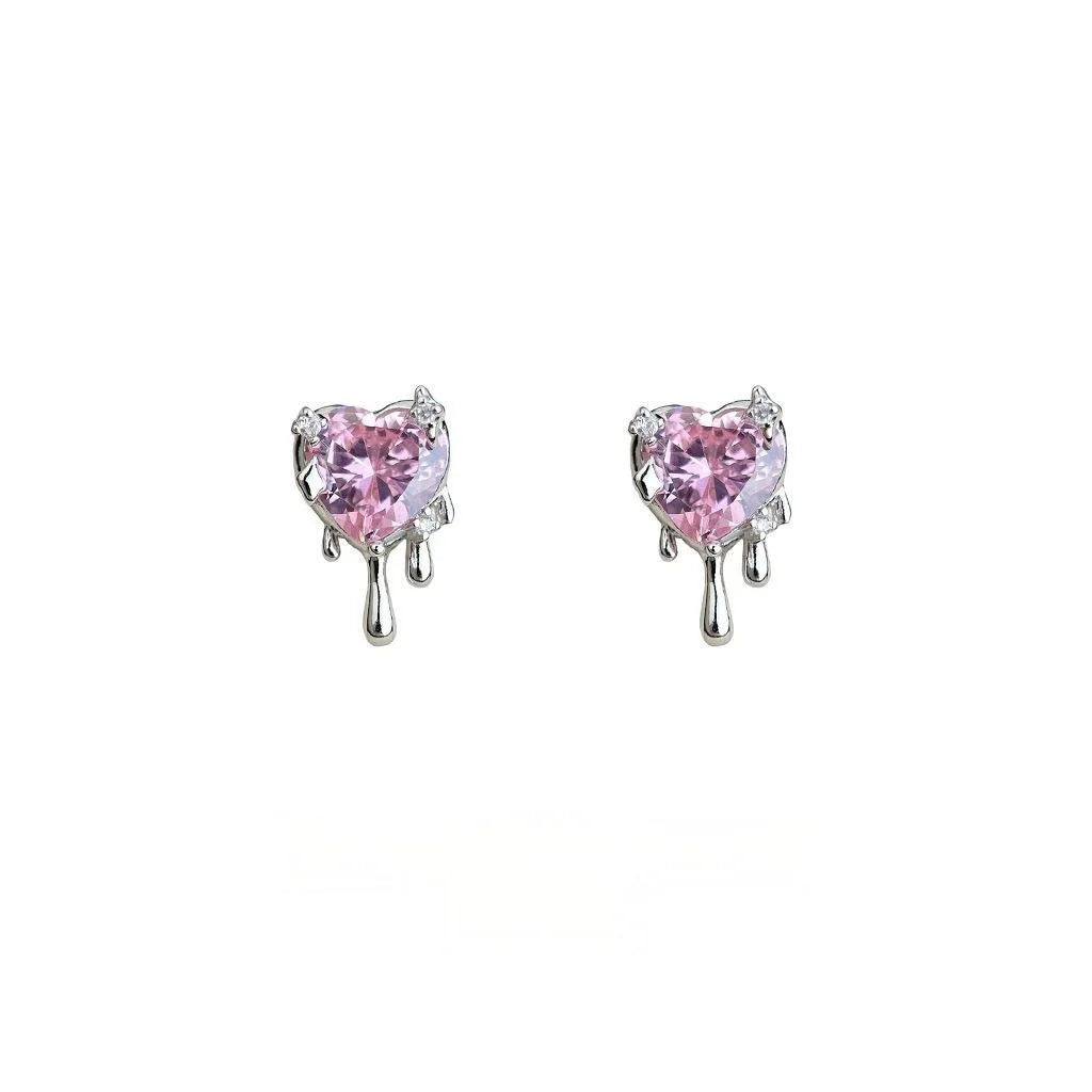 Sweet Cool Liquid Pink Zircon Heart Copper Stud Earrings Minimalist Designer Jewelry