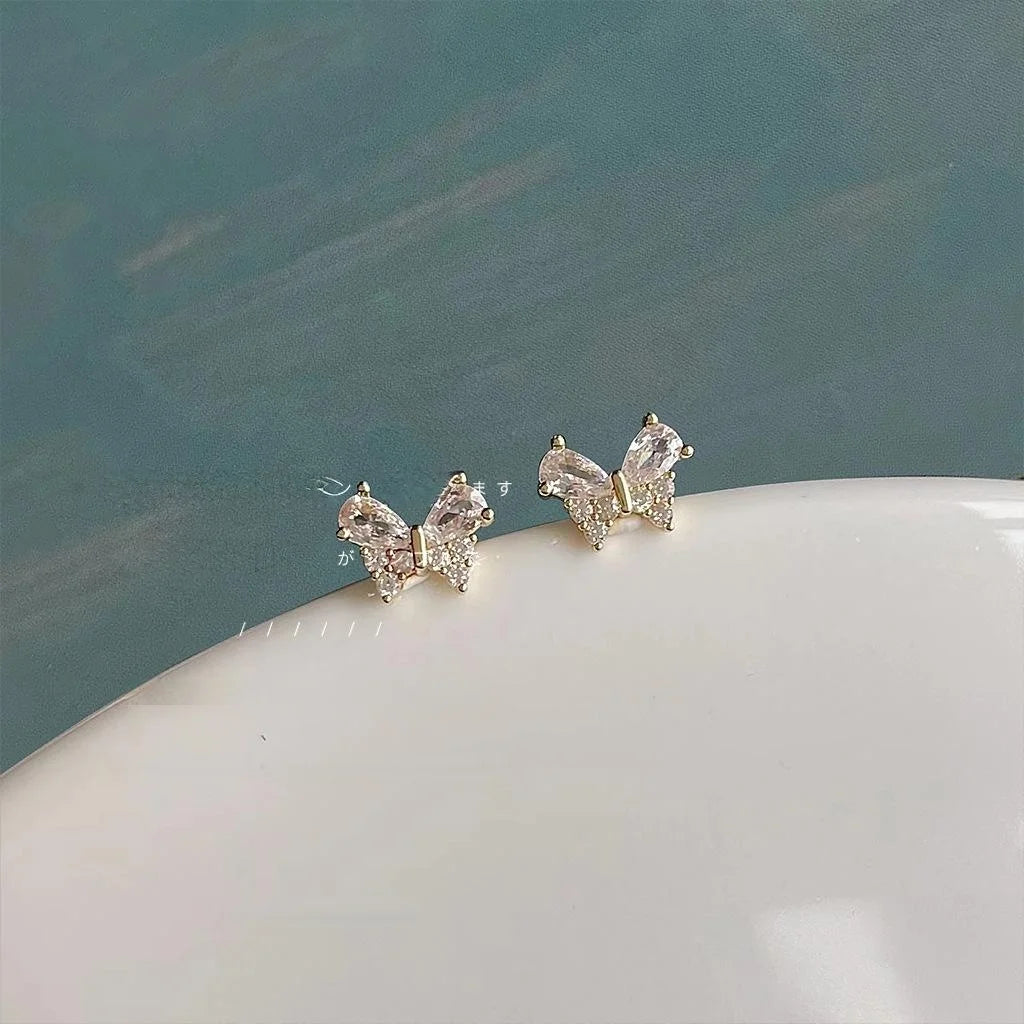 14K Plated Copper Micro Pave Zircon Butterfly Stud Earrings Sweet Fresh Insect Jewelry