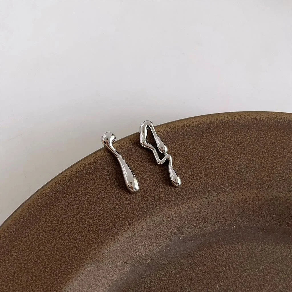 Sweet Cool Copper Stud Earrings Asymmetric Liquid Lava Waterdrop Geometric Irregular Design
