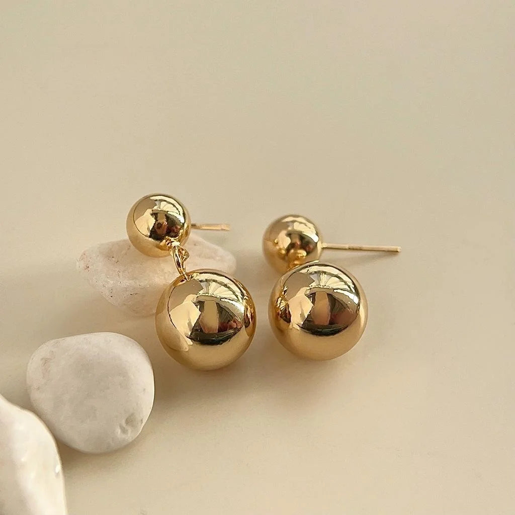 18K Gold Plated Copper Double Ball Drop Earrings, Smooth Geometric Light Luxury Jewelry