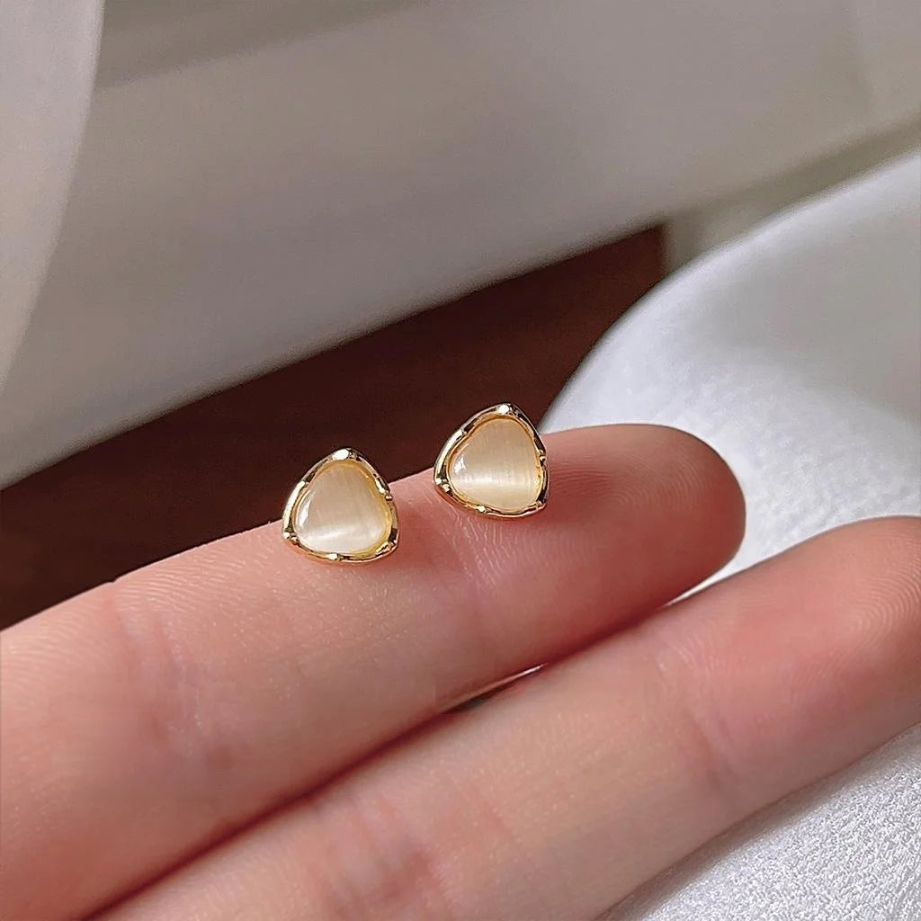 14K Gold Plated Copper Triangle Glass Cat Eye Stud Earrings With Silver Plated Posts