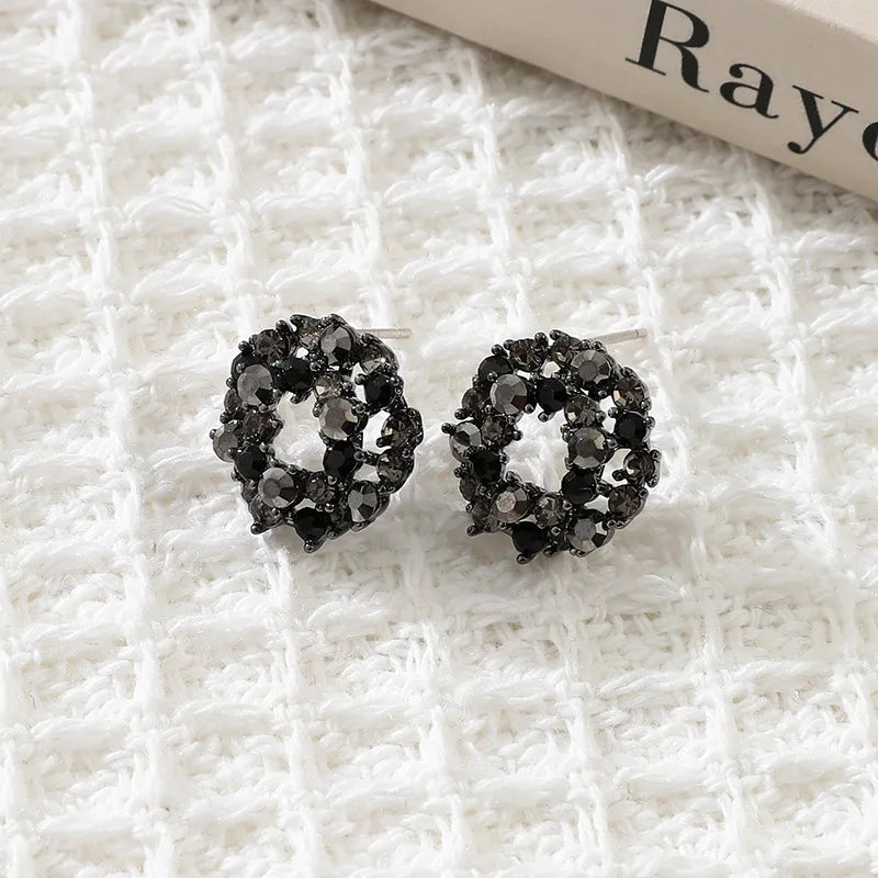 Vintage Black Rhinestone Round Wreath Stud & Clip On No Piercing Alloy Circle Hoop Earrings
