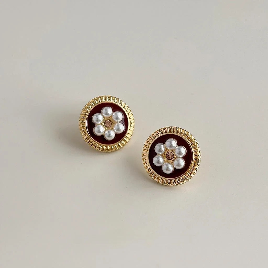 French Retro Burgundy Round Geometric Pearl Copper Stud Earrings With Silver Plated Pins
