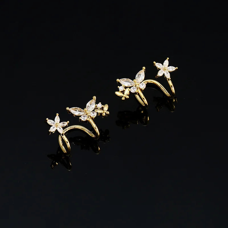 Elegant Gold Alloy Micro Pave Zircon Butterfly Flower Ear Cuff Stud & Clip On No Piercing Earrings