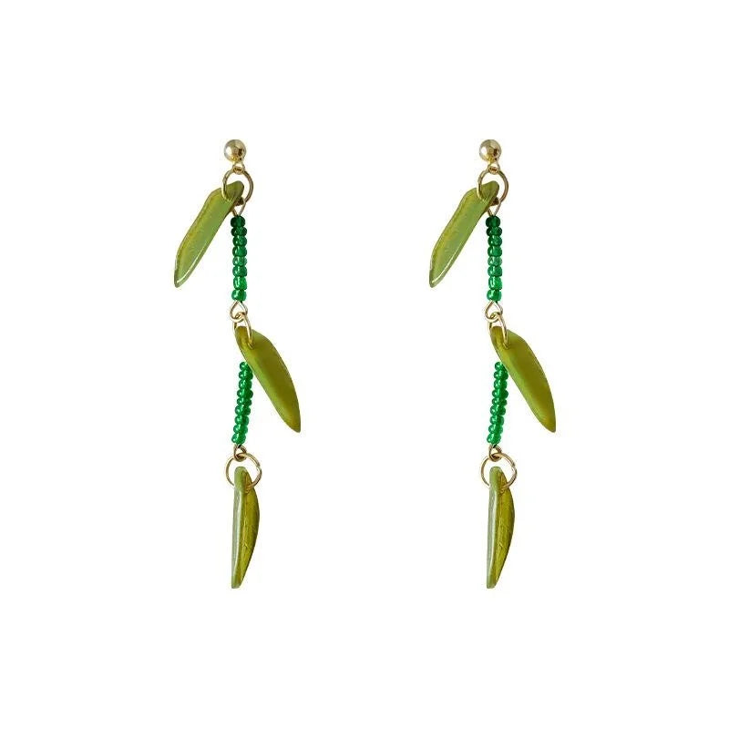Handmade New Chinese Green Glass Crystal Beaded Bamboo Leaf Tassel Drop Earrings Pastoral Fresh Style