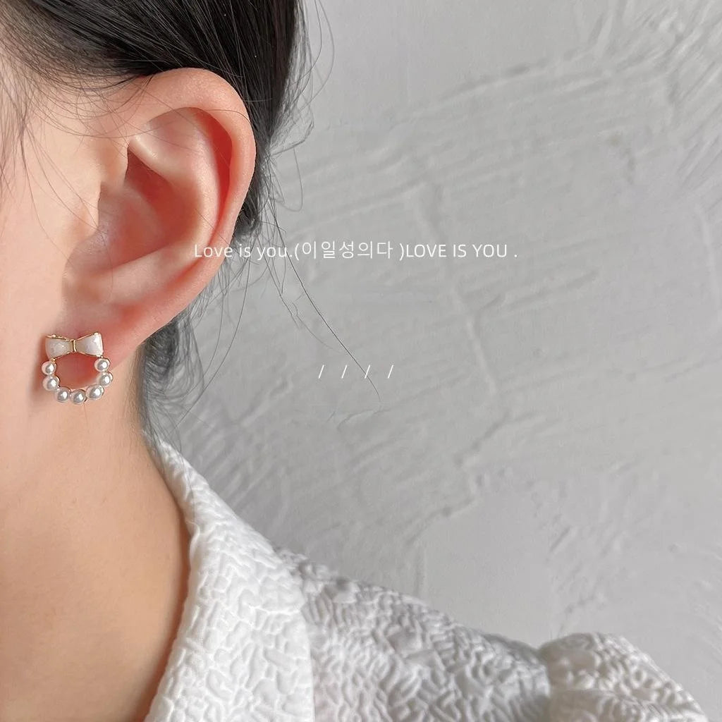 Cute 14K Plated Copper Enamel Bow Pearl Stud Earrings