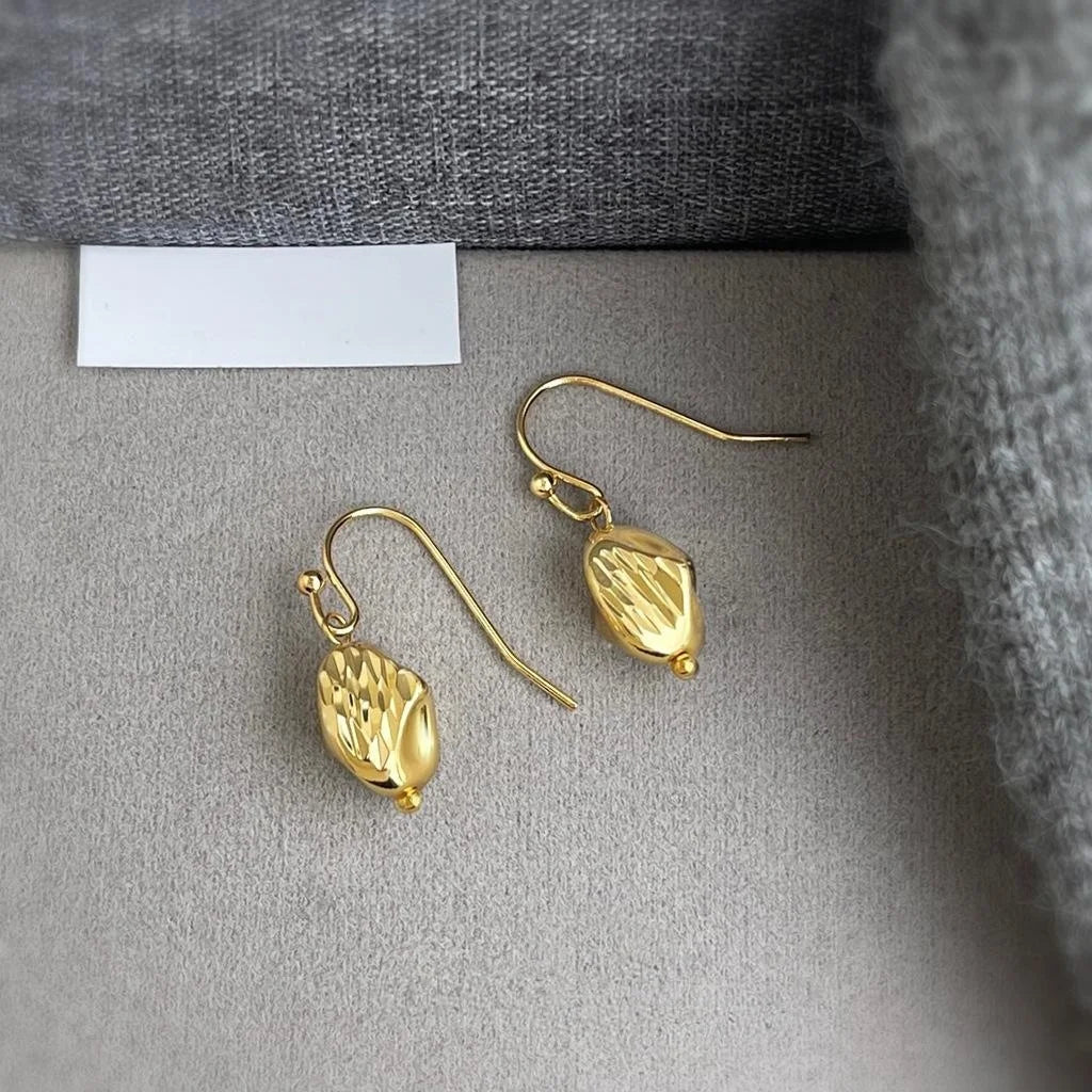 Thick Real Gold Plated Copper Geometric Round Textured Minimalist Light Luxury Drop Earrings