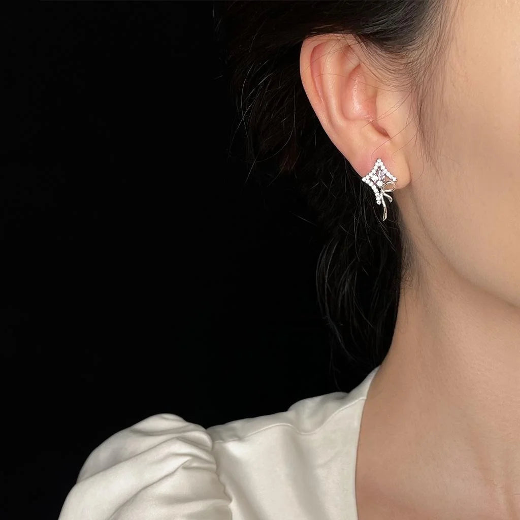 Original Copper Bow Star Micro Pave Zircon Stud Earrings Elegant Geometric Jewelry