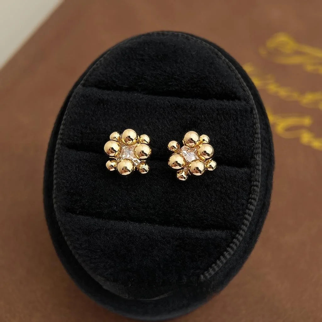 14K Gold Plated Copper Micro Pave Zircon Art Ball Stud Earrings Korean Fashion Geometric Polka Dot