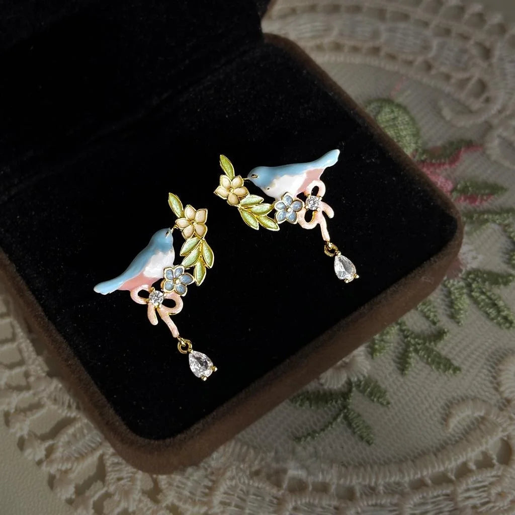 Sweet Pastoral Copper Enamel Bird Drop Earrings With Micro Pave Zircon