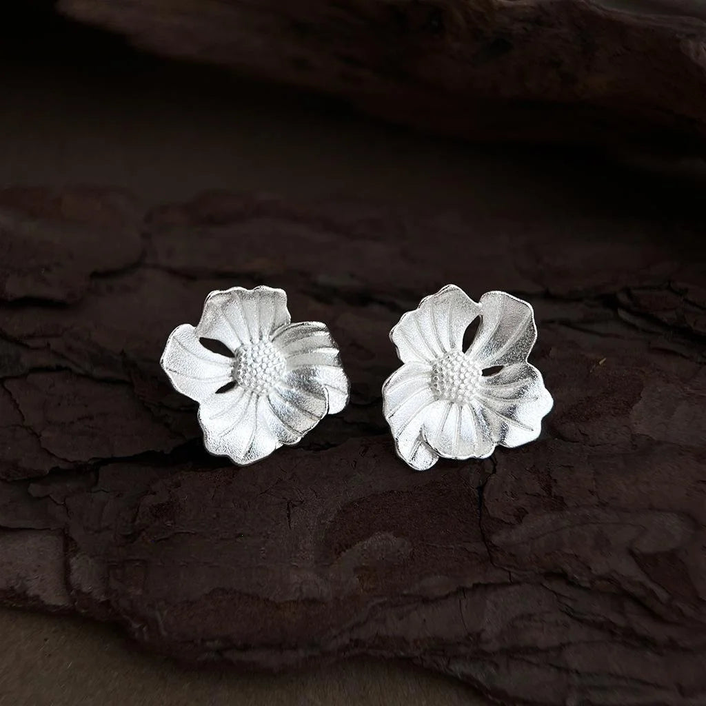 Sandblasted Hibiscus Flower Stud Earrings Eco-Friendly Copper Silver Tone Textured Minimalist Jewelry