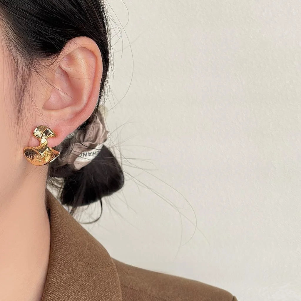 14K Gold Plated Copper Geometric Ginkgo Leaf Drop Earrings Light Luxury Niche Jewelry