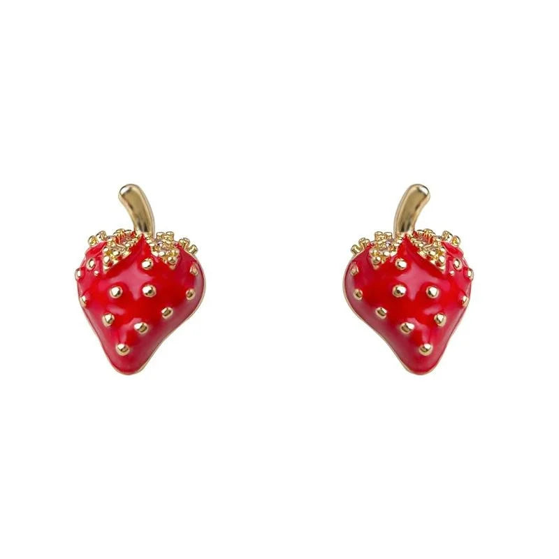 Sweet Pastoral Strawberry Stud Earrings Copper Enamel Zircon Fruit Jewelry