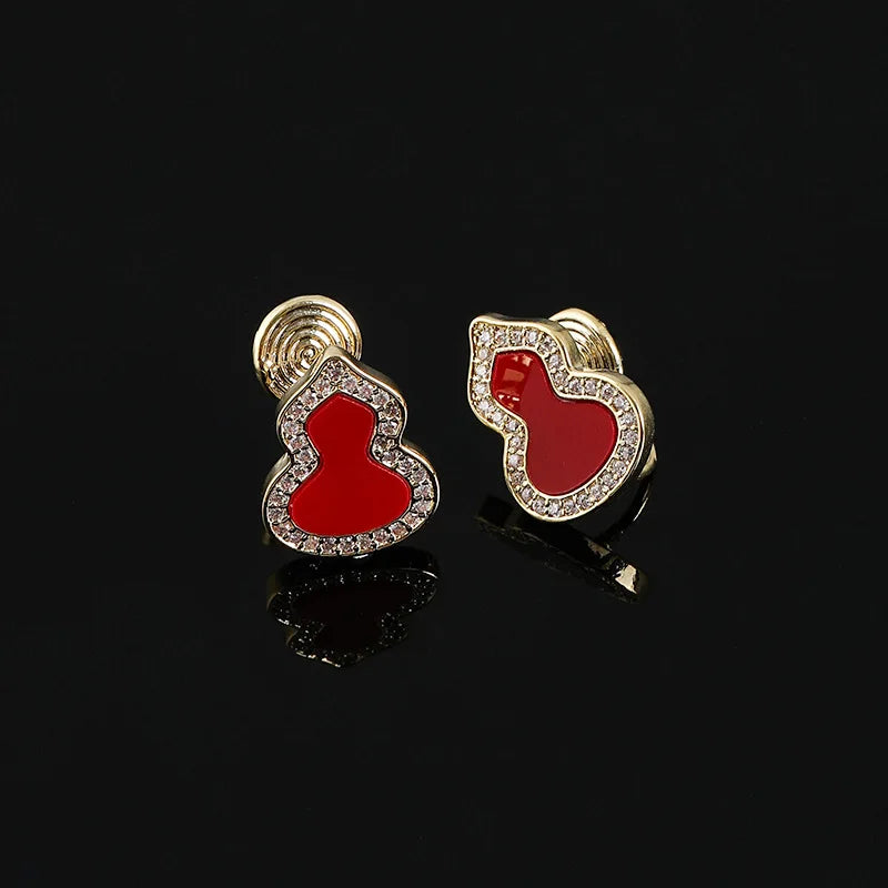 Elegant Red Enamel Gourd Shape Rhinestone Alloy Stud & Clip On No Piercing Light Luxury Earrings