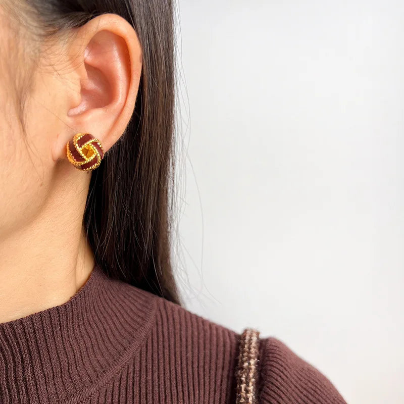 Vintage Red Enamel Concentric Knot Alloy Stud & Clip On No Piercing Luxury Holiday Earrings