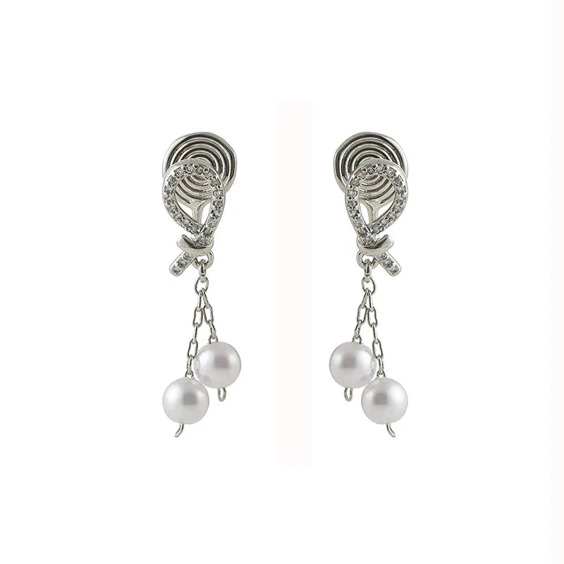 Elegant Teardrop Zircon Paved Pearl Tassel Spiral Alloy Stud & Clip On No Piercing Earrings