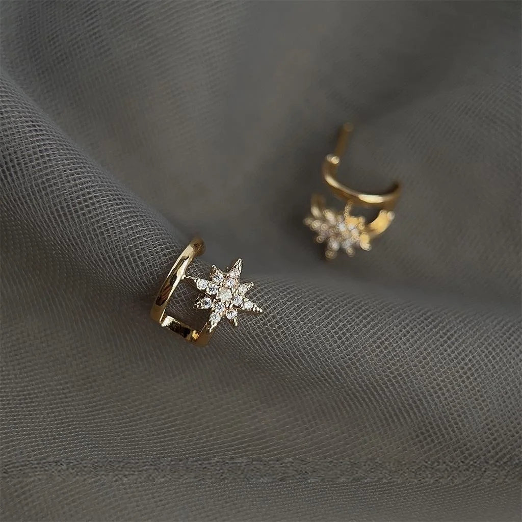 Copper Micro Pave Zircon Star Stud Earrings, Double Layer Line Minimalist Gold Tone Jewelry