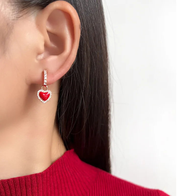 Elegant Luxury Red Enamel Heart Rhinestone Hoop Stud & Clip On No Piercing Birthday Gift Earrings
