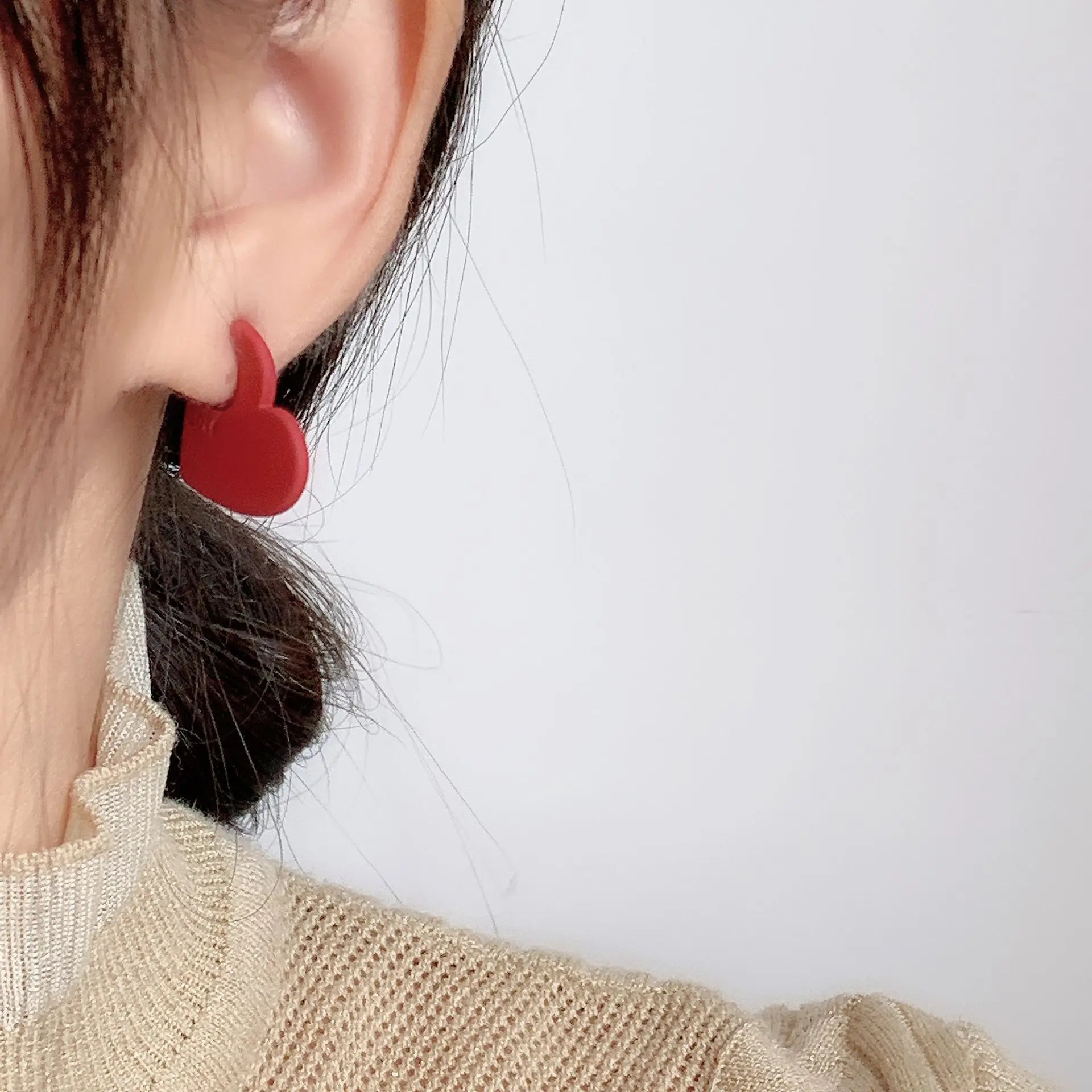 Matte Red Enamel Love Heart Drop Stud & Clip On No Piercing Spiral Disc Dangle Earrings