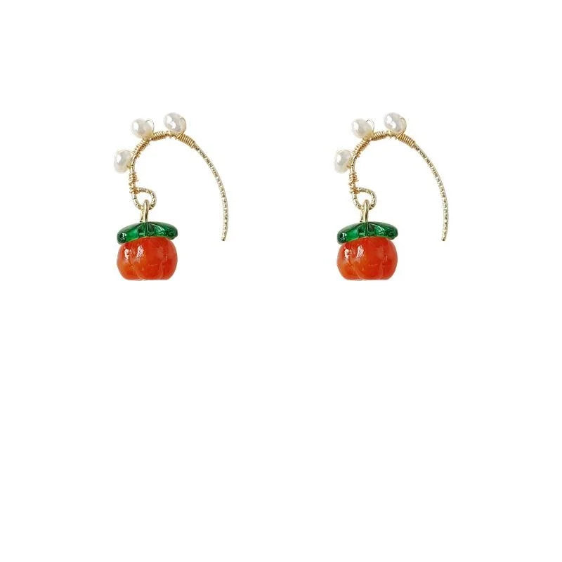 Vintage New Chinese Handmade Glass Persimmon Freshwater Pearl Drop Earrings Autumn Fruit Jewelry