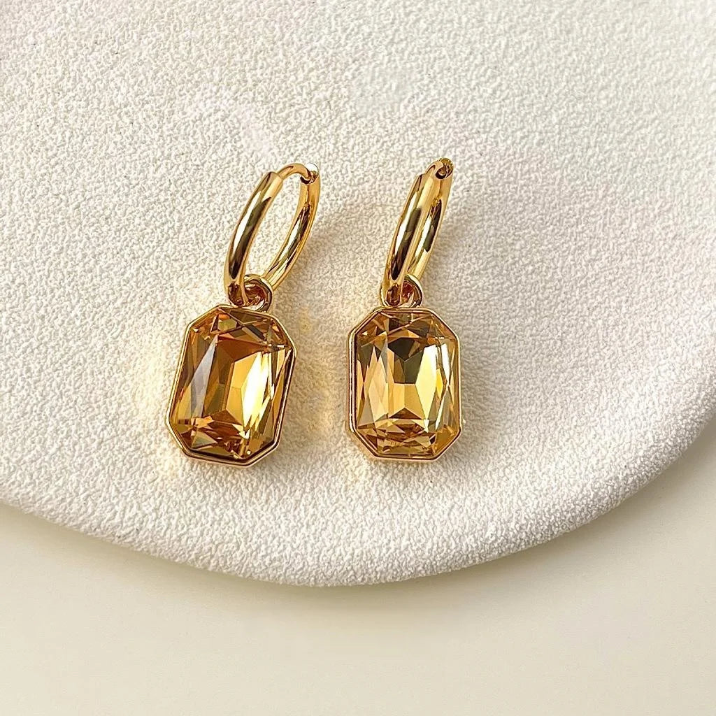 Real Gold Plated Copper Glass Crystal Geometric Drop Earrings Luxury Vintage Square Jewelry