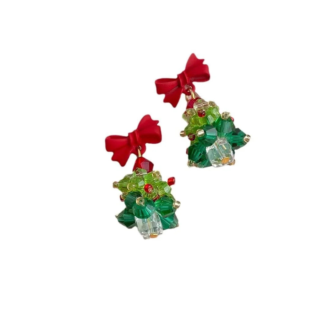 Christmas Tree Bow Drop Earrings Glass Crystal Floral Sweet Handmade Holiday Jewelry