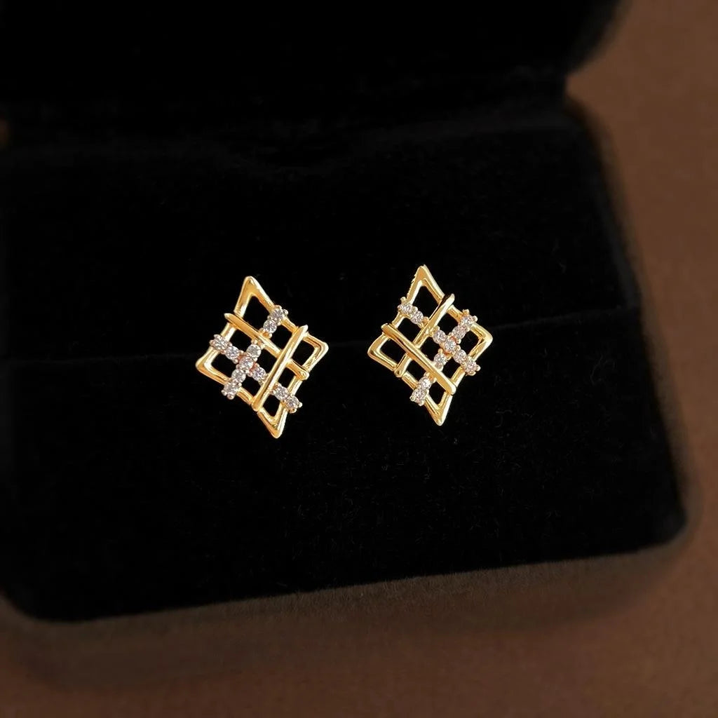 Light Luxury Geometric Zircon Grid Stud Earrings, Copper Alloy