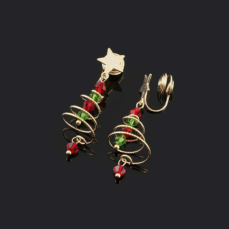 Elegant Handmade Christmas Tree Star Alloy Crystal Bead Stud & Clip On No Piercing Holiday Earrings