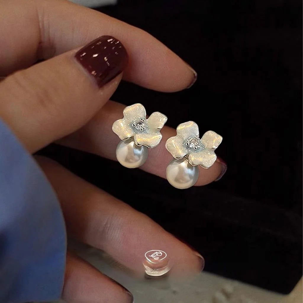 Sweet Glass Pearl Micro Pave Zircon Silver Plated Copper Enamel Gradient Flower Drop Earrings