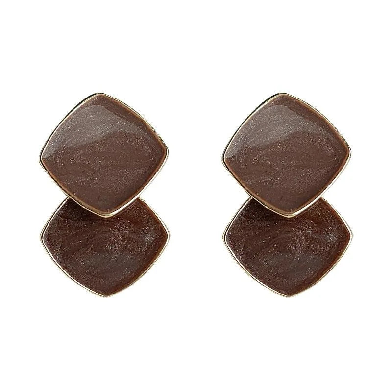 Maillard Brown Geometric Rhombus Drop Earrings Copper French Hong Kong Style