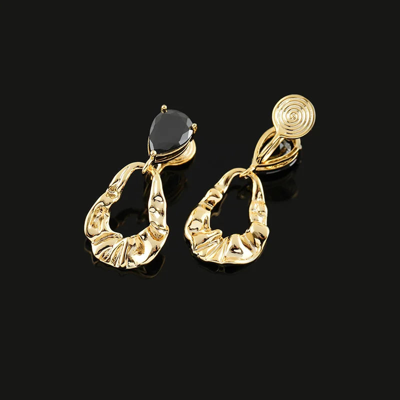 Vintage Wrinkled Gold Alloy Hoop Drop With Black Crystal Stud & Clip On No Piercing Earrings