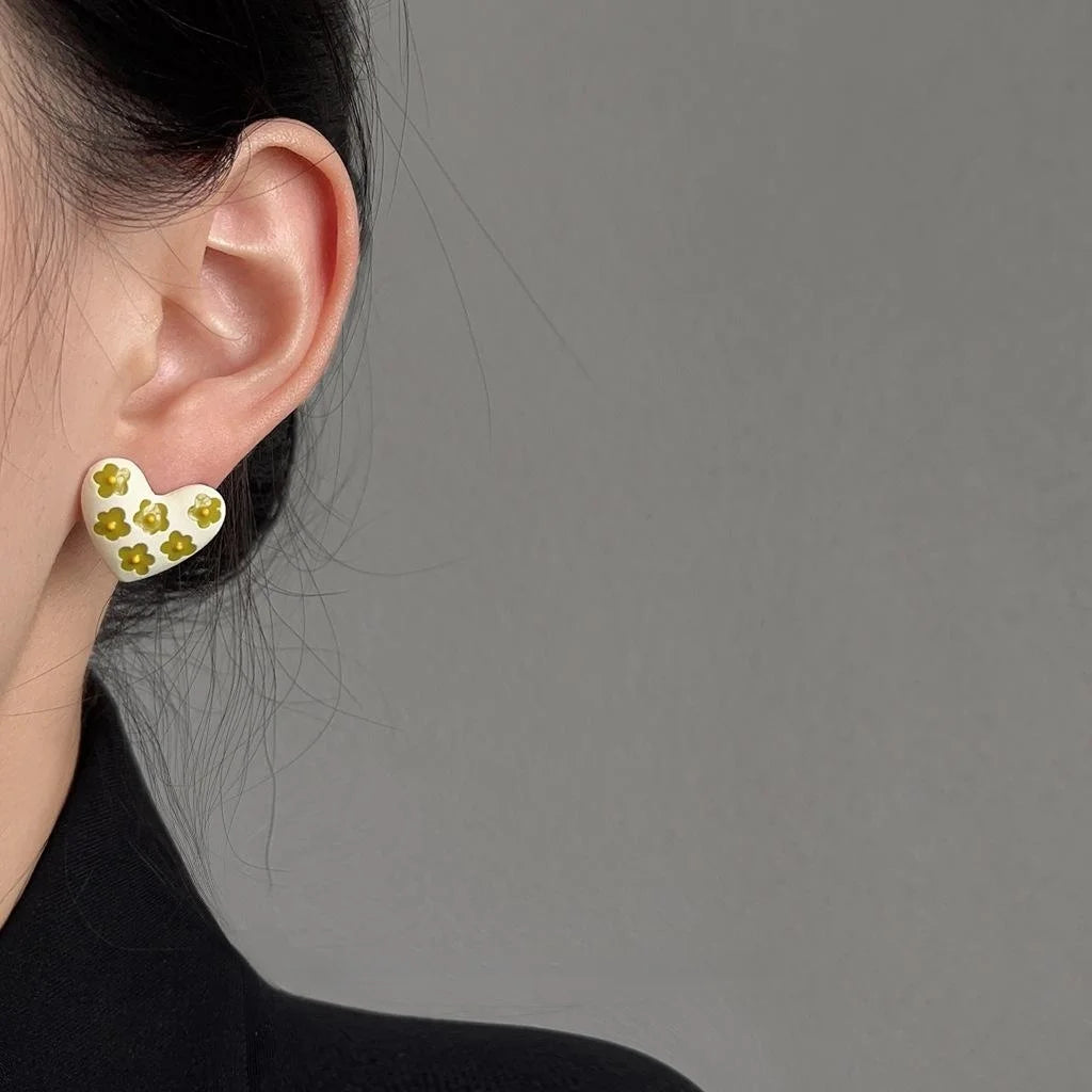 Forest Style Copper Enamel Heart Flower Drop Earrings For Women Minimalist Jewelry