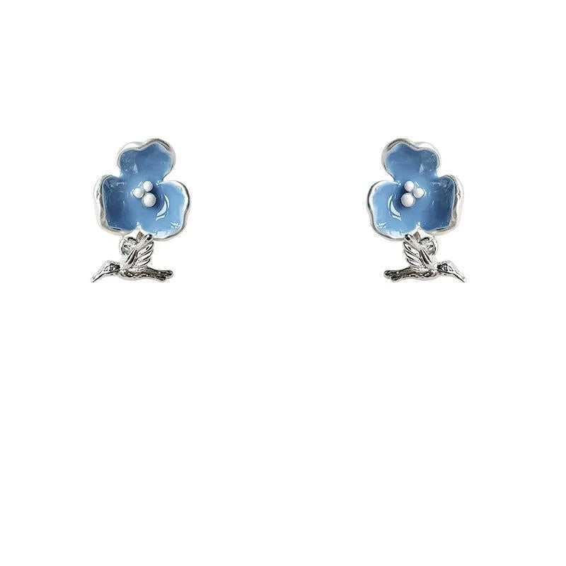 Premium Copper Enamel Flower Bird Stud Earrings Forest Style Hong Kong Fashion Jewelry