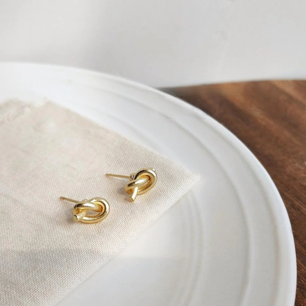 14K Gold Plated Copper Knot Stud Earrings For Women Minimalist Mini Geometric Korean Style