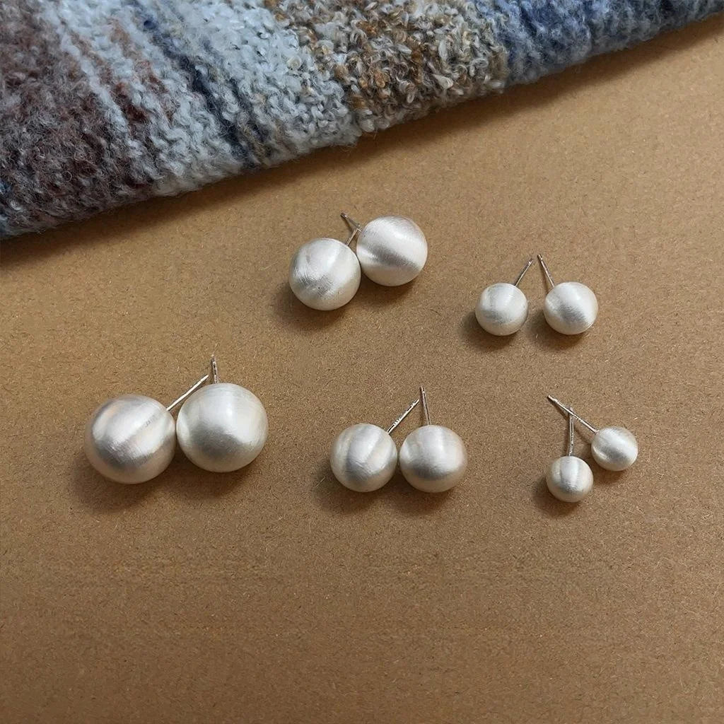 Silver Brushed Copper Hollow Ball Stud Earrings Minimalist Geometric Round Fashion Jewelry For Women