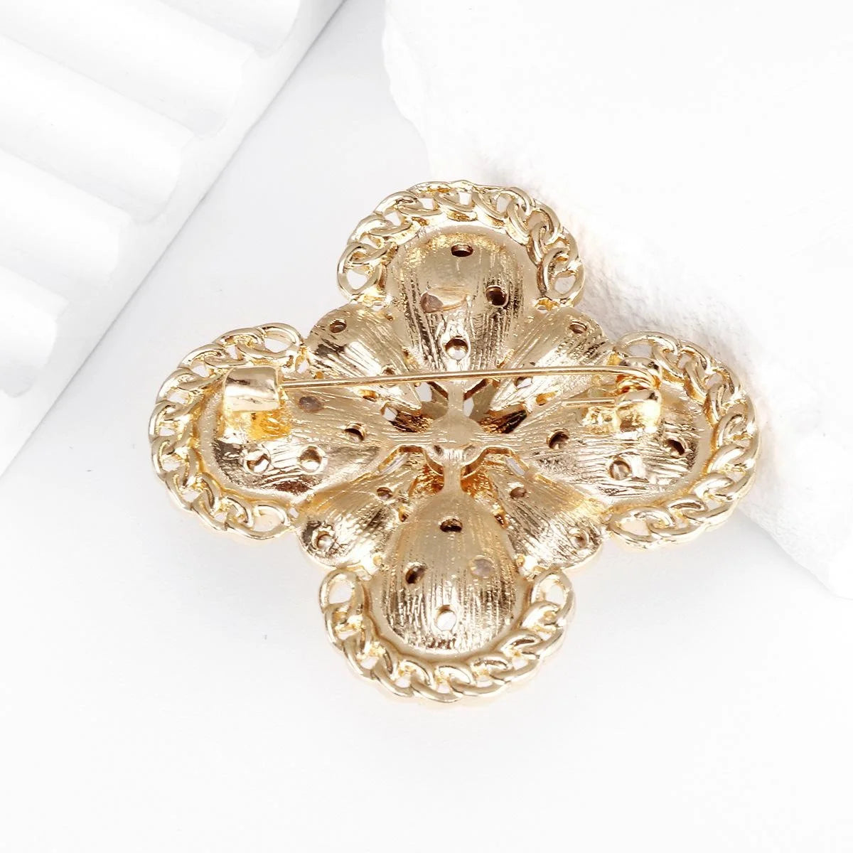 Vintage Four Leaf Clover Flower Brooch With Opal Rhinestones And Faux Pearl Elegant Lapel Pin Gift