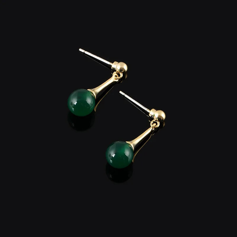 Vintage Green Agate Bead Spiral Disc Alloy Stud & Clip On No Piercing Chinese Style Drop Earrings