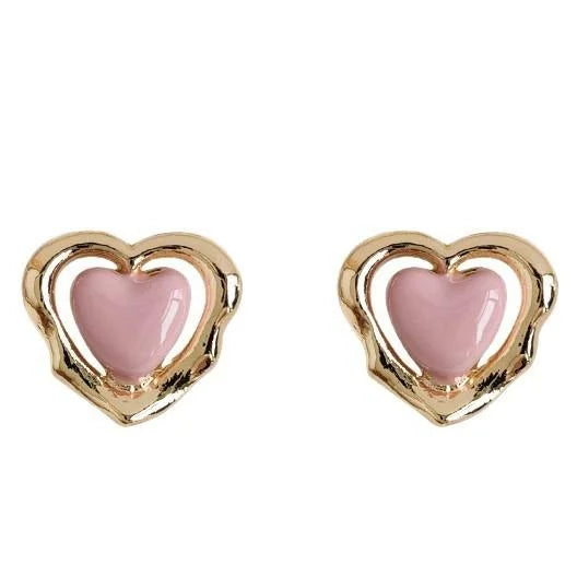 Sweet Pink Blue Hollow Heart Copper Stud Earrings For Women Mini Cute Daily Student Jewelry