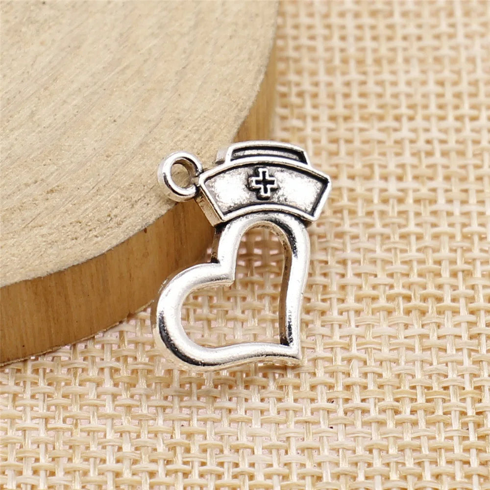21x23mm 1.5g Antique Silver Zinc Alloy Heart Nurse Cap Charm Pendant for Medical Theme Jewelry Making