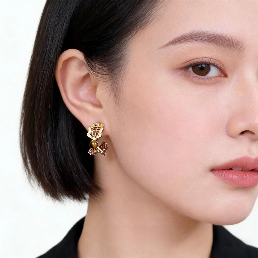 Vintage Maillard Bow Drop Earrings Copper Tiger Eye Stone Zircon Micro Pave Lace Edge