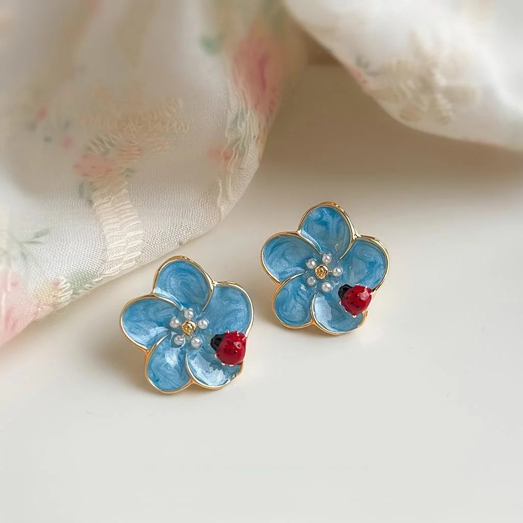 Handmade Enamel Ladybug Flower Drop Earrings Copper Fresh Sweet Floral Jewelry