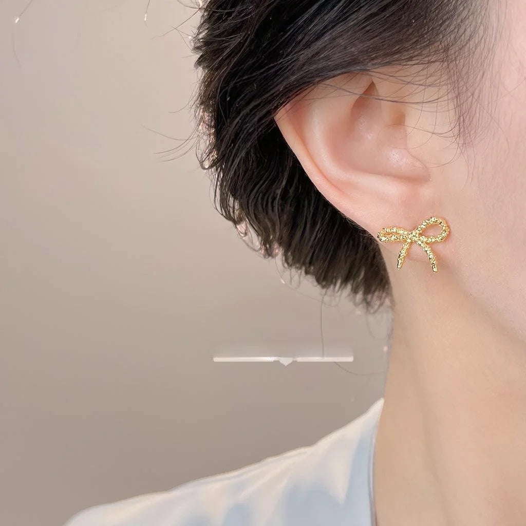 Minimalist Sandblasted Bow Stud Earrings Eco Copper With Silver Plated Pins For Women