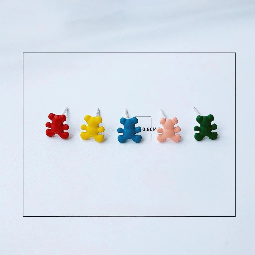 5 Piece Mini Bear Enamel Alloy Stud Earrings With Silver Plated Pins Korean Japanese Style