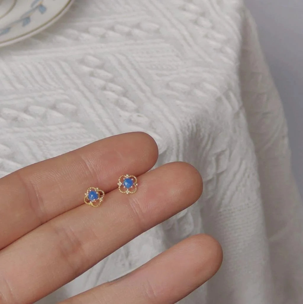 14K Plated Copper Mini Square Faux Opal Stud Earrings For Women Minimalist Korean Style