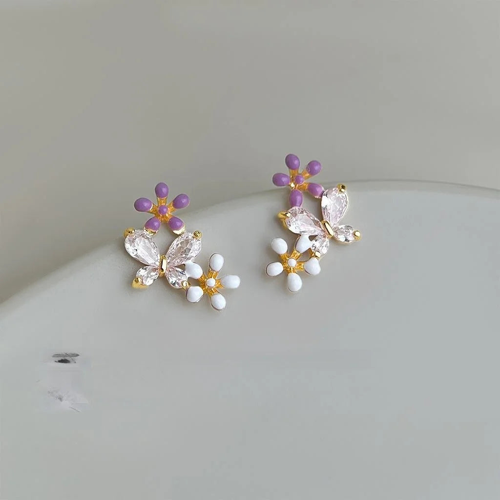14K Plated Eco Copper Zircon Flower Enamel Stud Earrings Sweet Minimalist Forest Style
